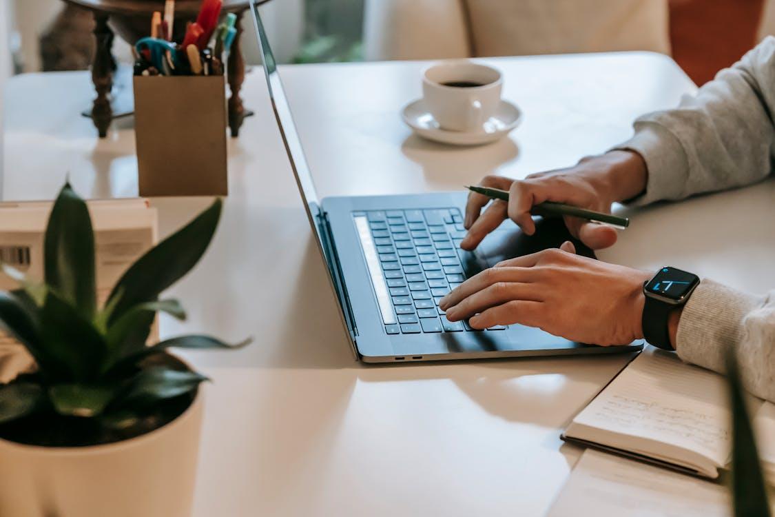 Free High angle side view of crop unrecognizable guy with smartwatch working remotely on laptop at table near cup of coffee on saucer near green potted plant and notebook in room Stock Photo