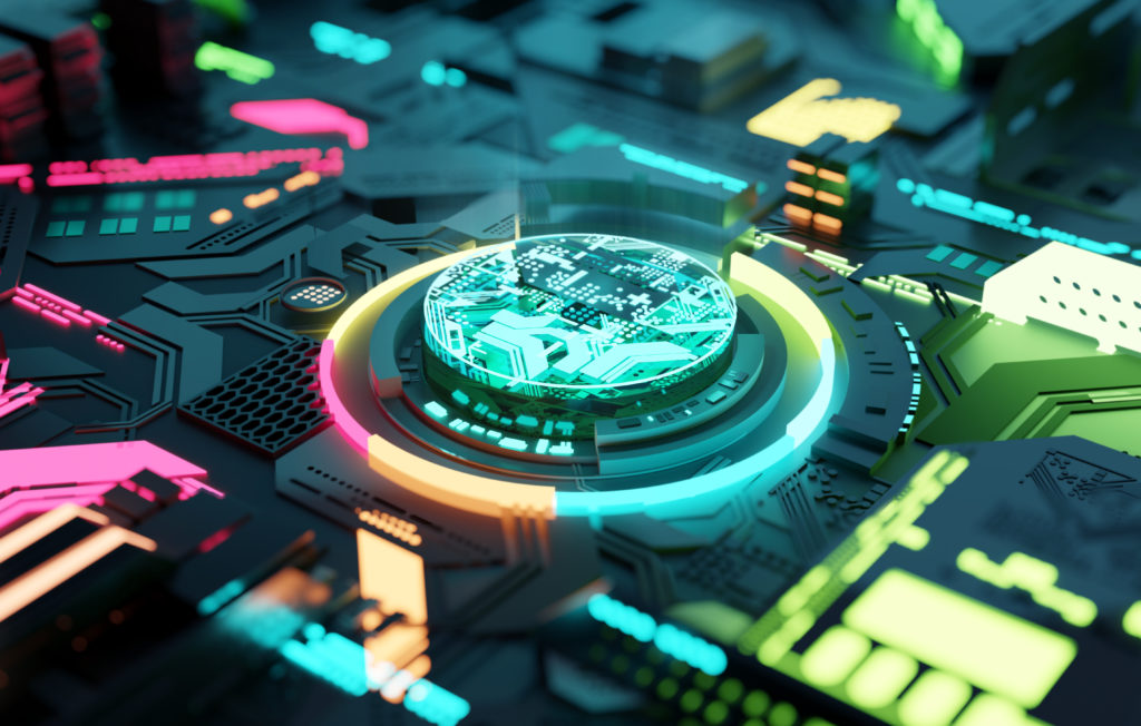 Multicoloured futuristic CPU and processor, quantum and machine learning concept. 3D illustration concept.