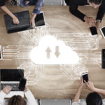 Cloud computing technology and online data storage for business network concept. Computer connects to internet server service for cloud data transfer presented in 3D futuristic graphic interface.