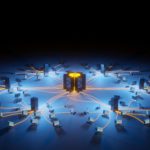 Cloud computing, network infrastructure. Computer workstations connected to data center. Digital 3D render concept.