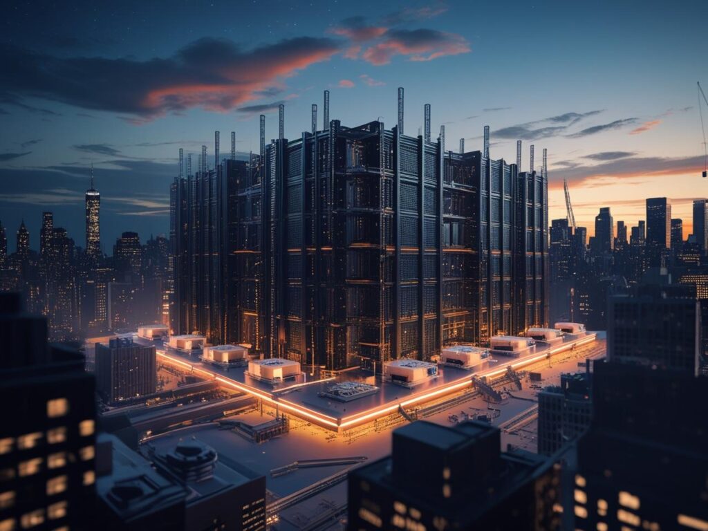 Meta AI data center in 2025 with artificial intelligence network and cityscape