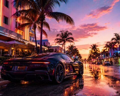 GTA 6 pre-order guide: a neon Miami Vice City street at sunset with a sports car