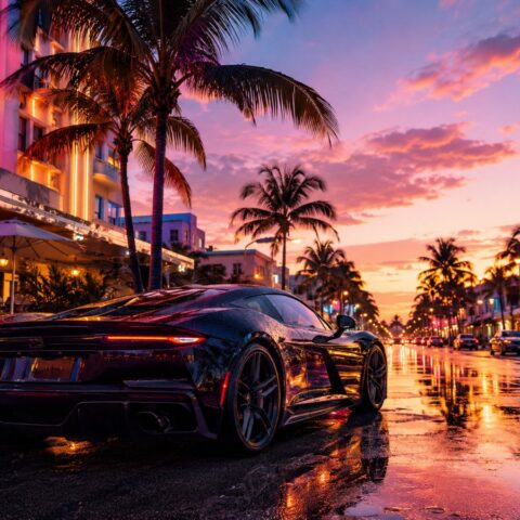 GTA 6 pre-order guide: a neon Miami Vice City street at sunset with a sports car