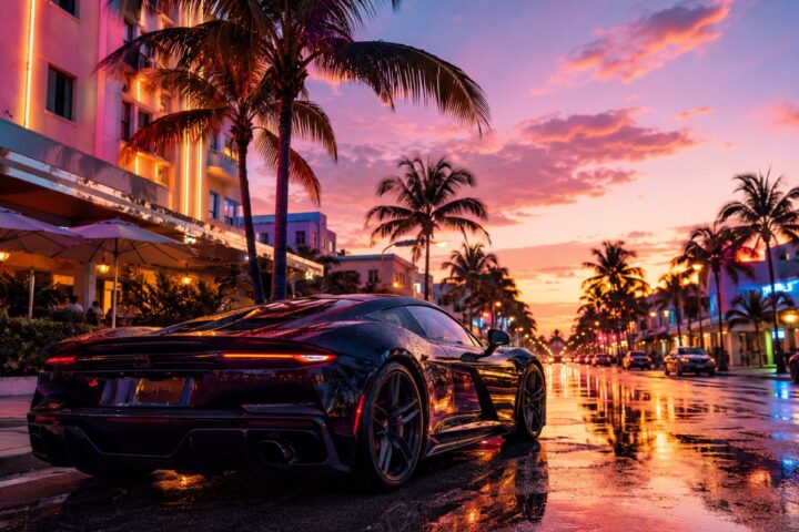 GTA 6 pre-order guide: a neon Miami Vice City street at sunset with a sports car