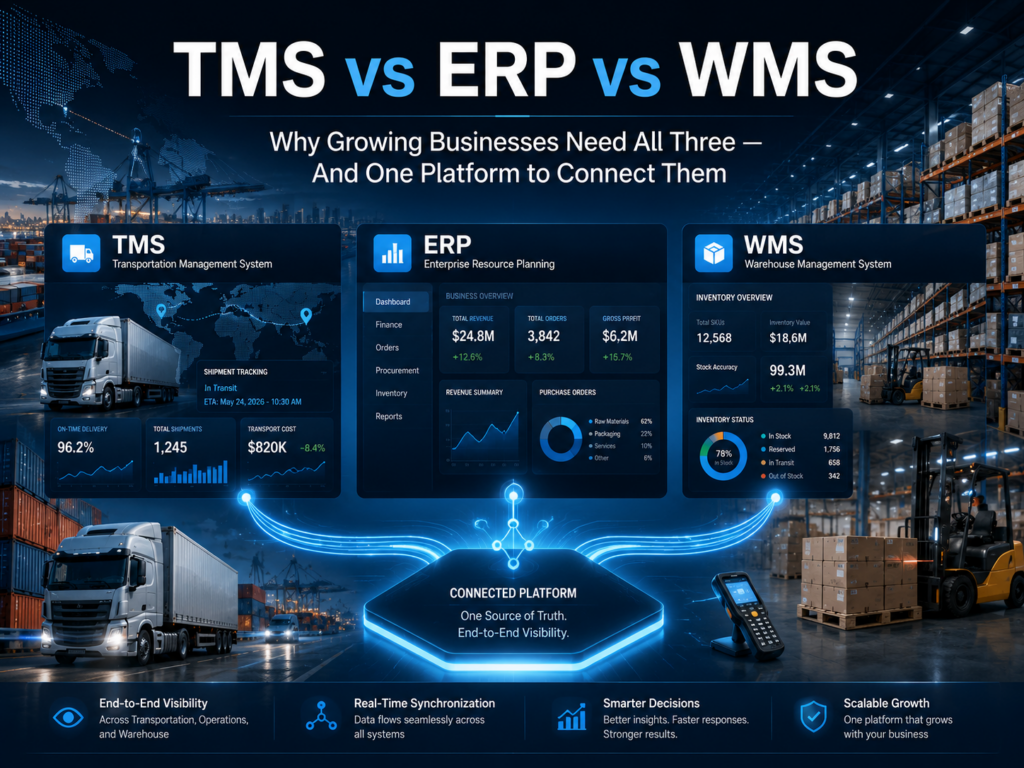 TMS vs ERP vs WMS: Why Growing Businesses Need All Three — And One Platform to Connect Them 2 TMS vs ERP vs WMS