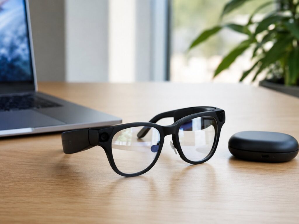 Snap Specs augmented reality smart glasses resting on a desk beside a laptop
