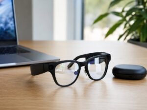 Snap Specs augmented reality smart glasses resting on a desk beside a laptop