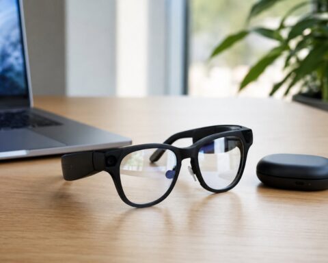 Snap Specs augmented reality smart glasses resting on a desk beside a laptop