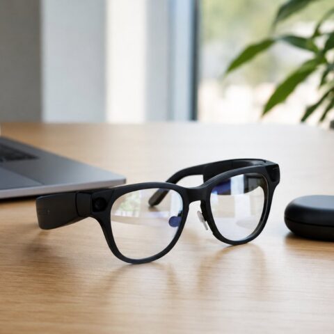 Snap Specs augmented reality smart glasses resting on a desk beside a laptop