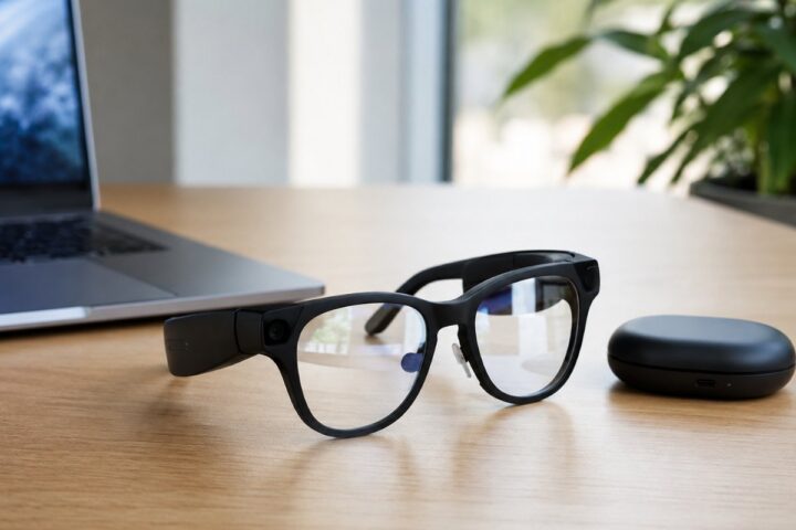 Snap Specs augmented reality smart glasses resting on a desk beside a laptop