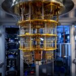 Trump quantum executive order: a golden quantum computer cryostat in a research lab