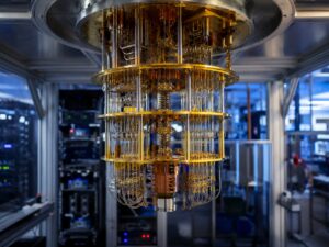 Trump quantum executive order: a golden quantum computer cryostat in a research lab