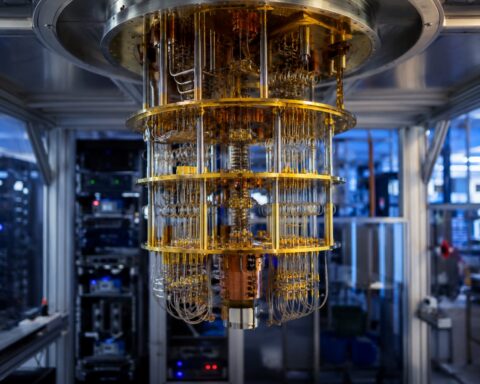 Trump quantum executive order: a golden quantum computer cryostat in a research lab