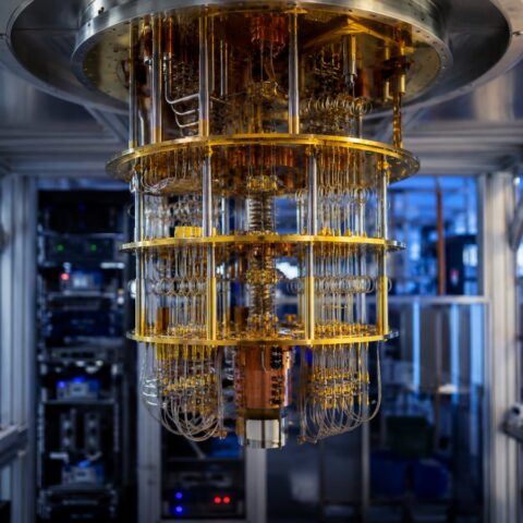 Trump quantum executive order: a golden quantum computer cryostat in a research lab