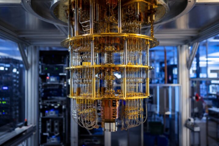 Trump quantum executive order: a golden quantum computer cryostat in a research lab