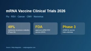 mRNA vaccine clinical trials 2026 comparison infographic showing flu RSV and cancer programs