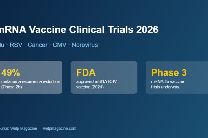 mRNA vaccine clinical trials 2026 comparison infographic showing flu RSV and cancer programs