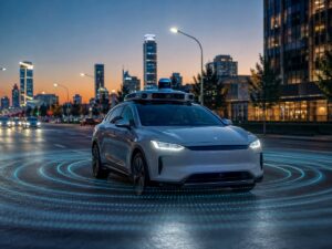 Explainable AI self-driving car with roof lidar sensors on a city street at dusk