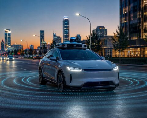 Explainable AI self-driving car with roof lidar sensors on a city street at dusk