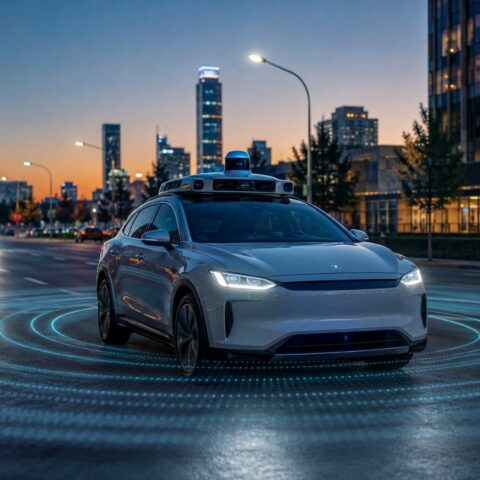 Explainable AI self-driving car with roof lidar sensors on a city street at dusk