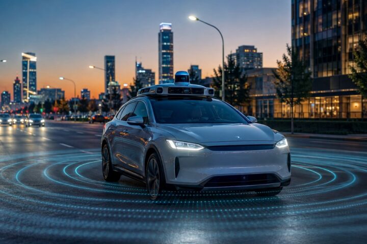 Explainable AI self-driving car with roof lidar sensors on a city street at dusk