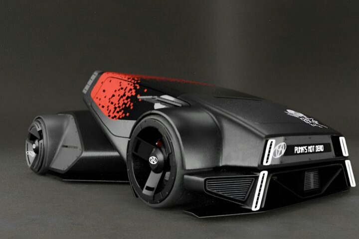 Futuristic sports car representing the Tesla flying car Roadster